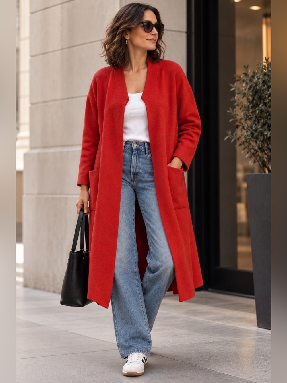 Maje Open‑Front Long Cardigan Coat - Red Orange OSFM